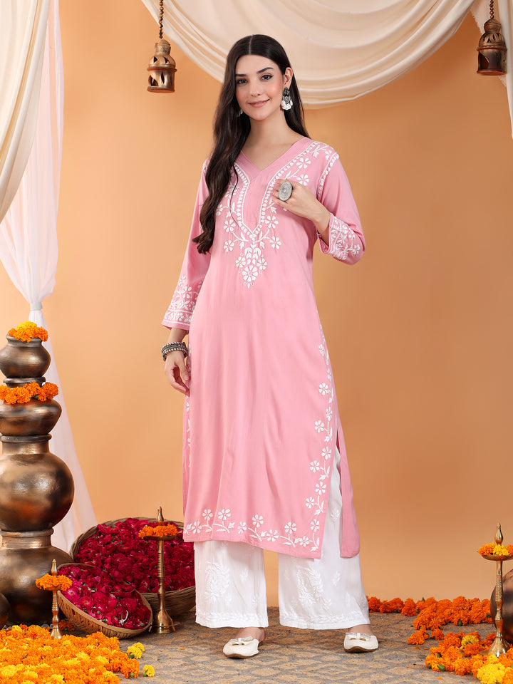 Maya Chikankari Rayon V-neck Straight Kurta