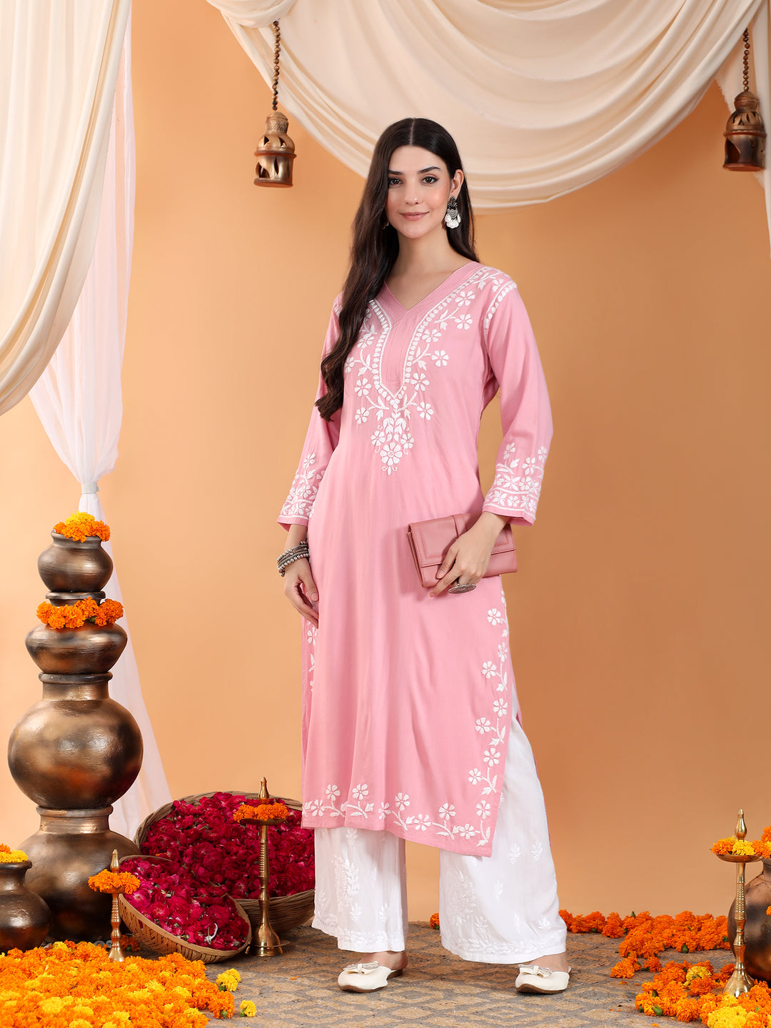 Maya Chikankari Rayon V-neck Straight Kurta