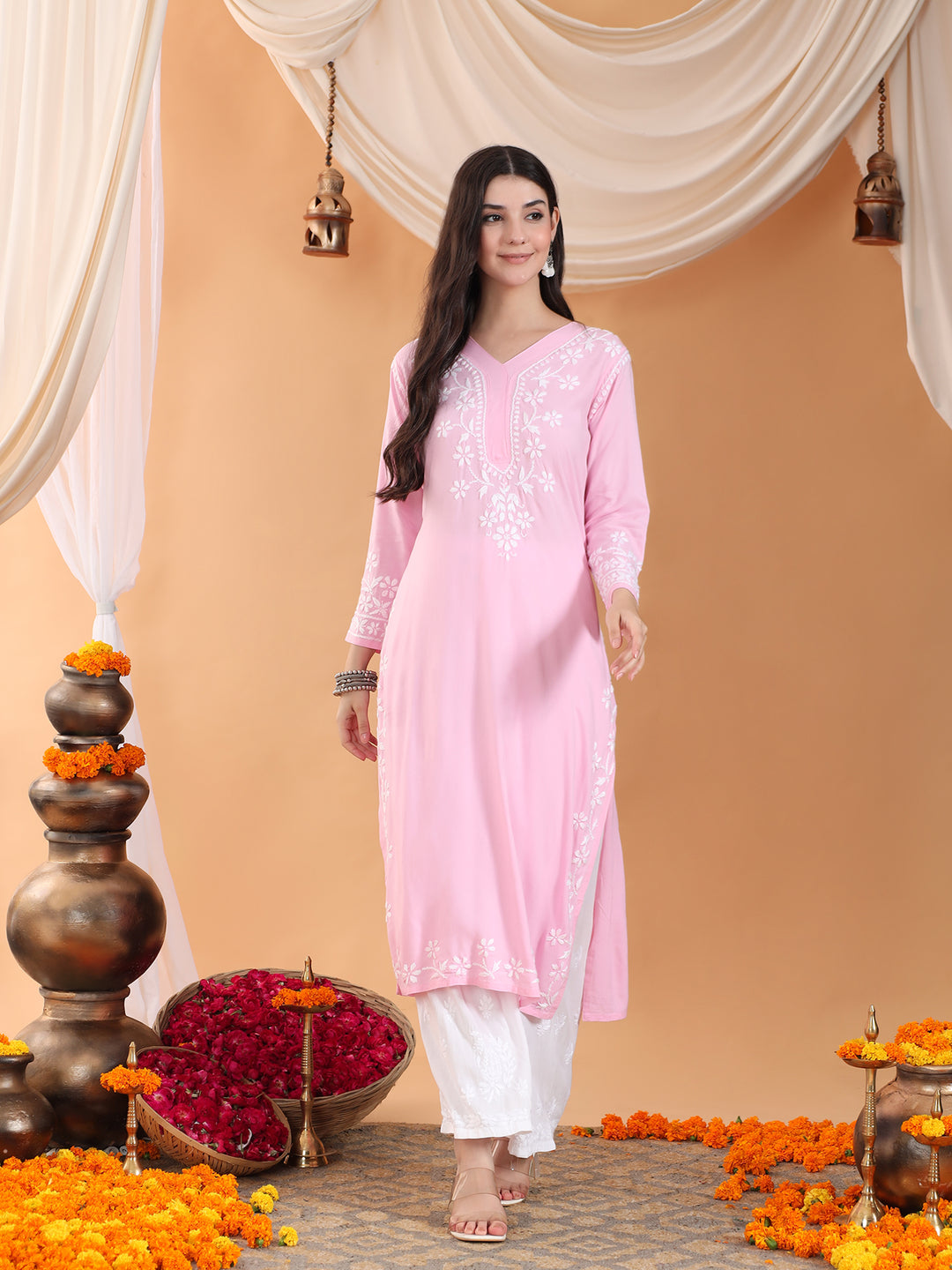 Maya Chikankari Rayon V-neck Straight Kurta