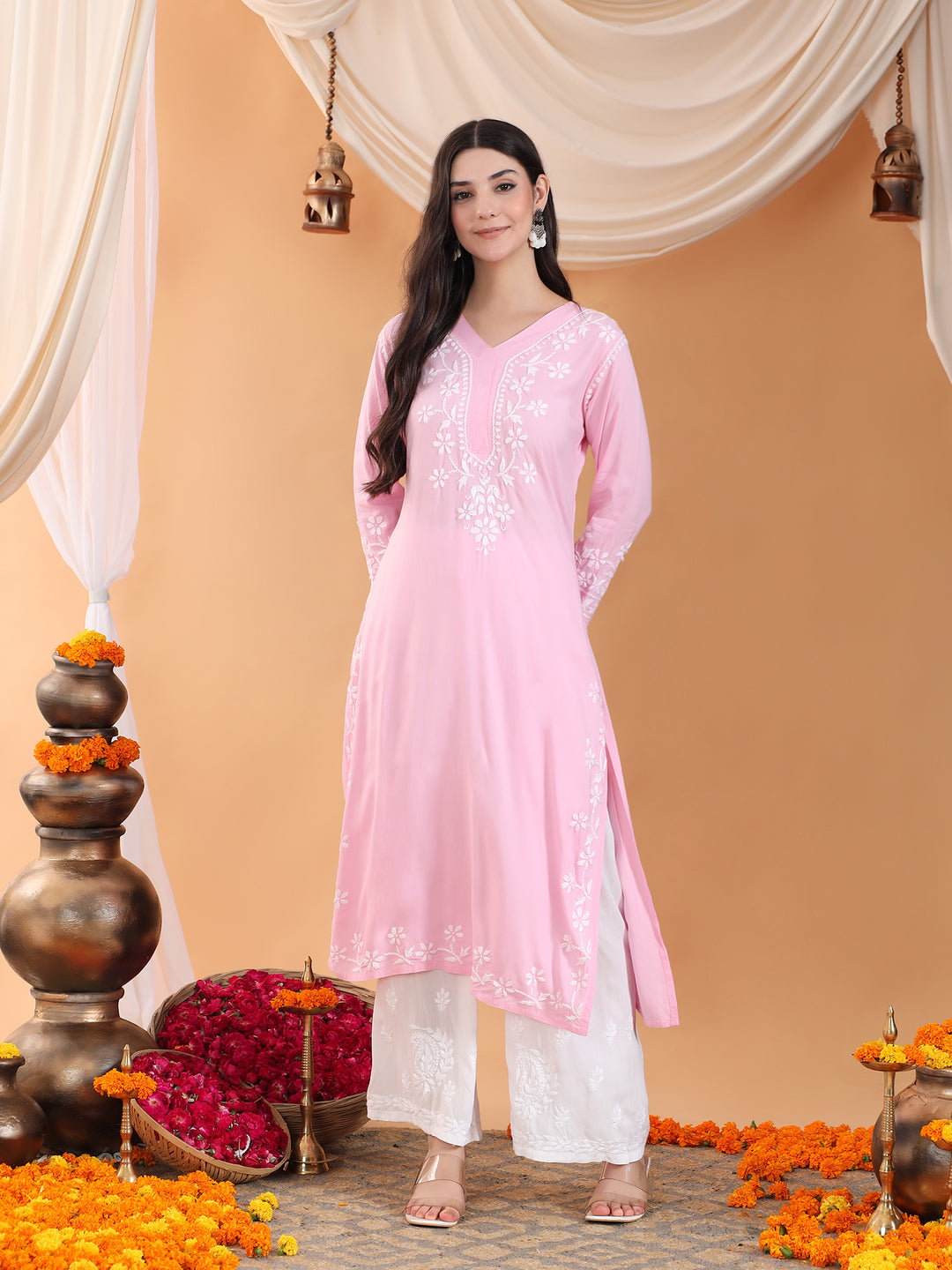 Maya Chikankari Rayon V-neck Straight Kurta