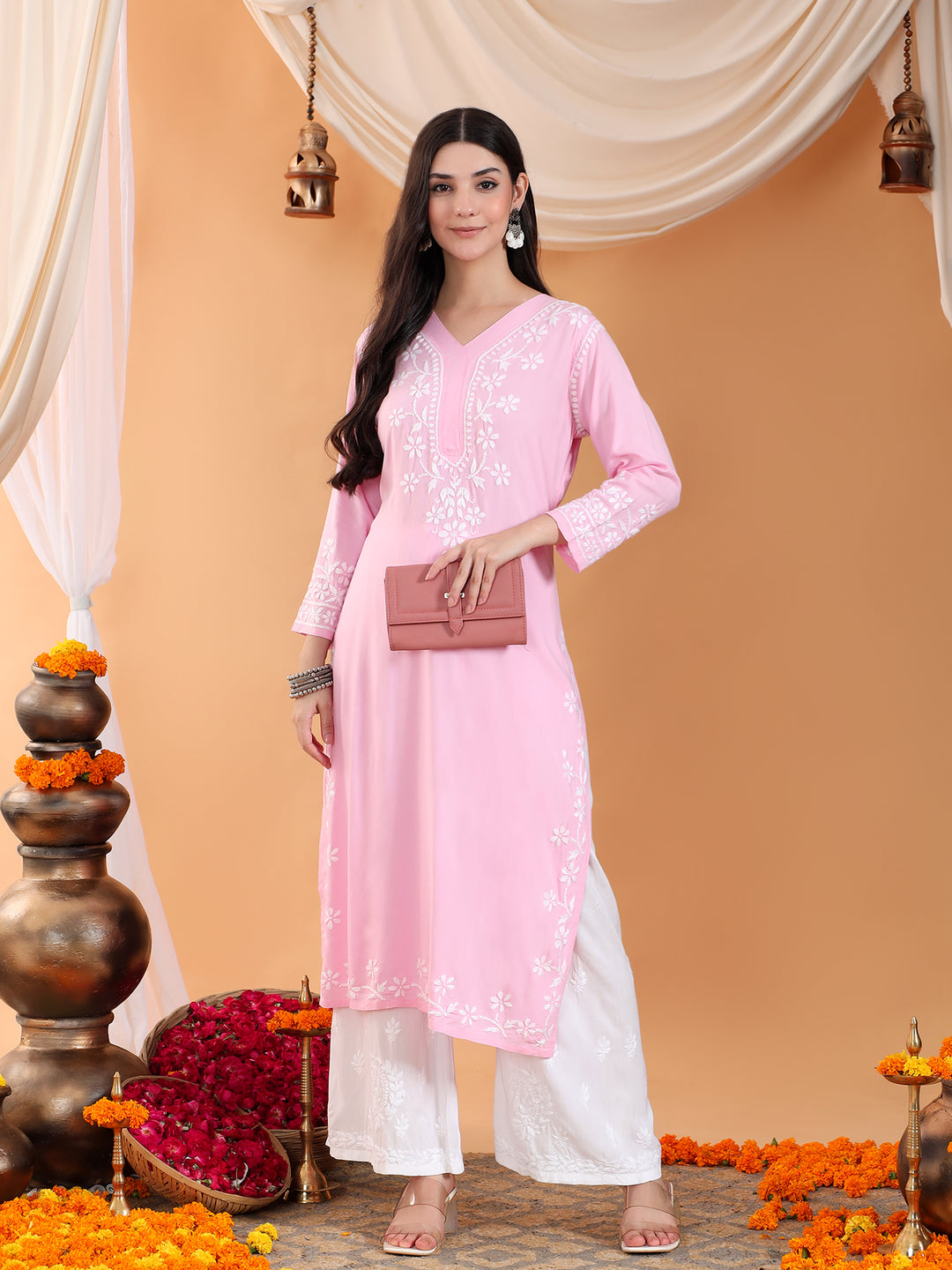 Maya Chikankari Rayon V-neck Straight Kurta