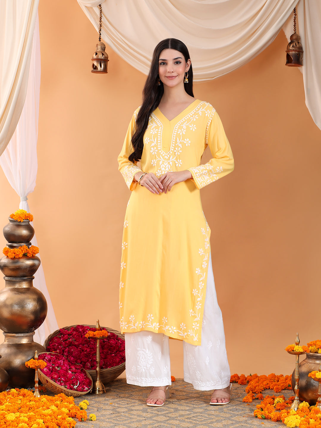 Maya Chikankari Rayon V-neck Straight Kurta