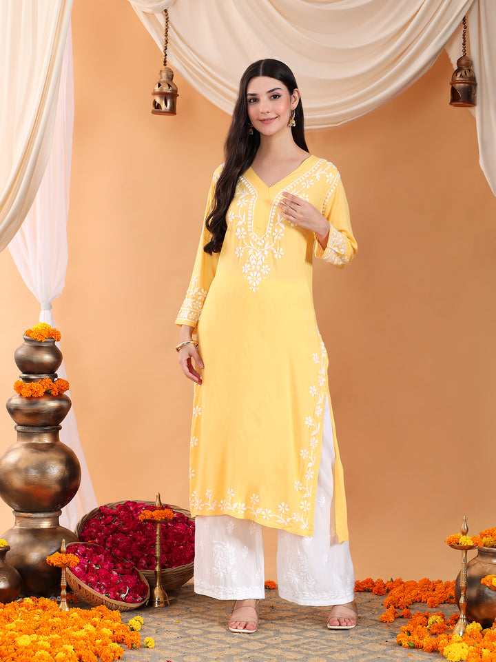 Maya Chikankari Rayon V-neck Straight Kurta