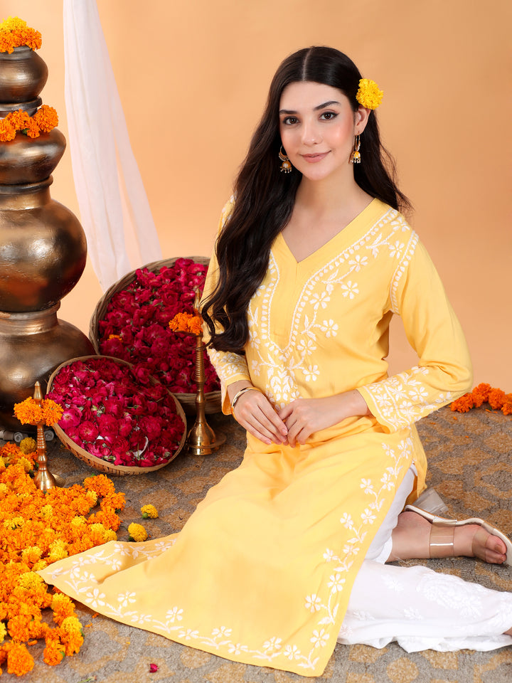 Maya Chikankari Rayon V-neck Straight Kurta