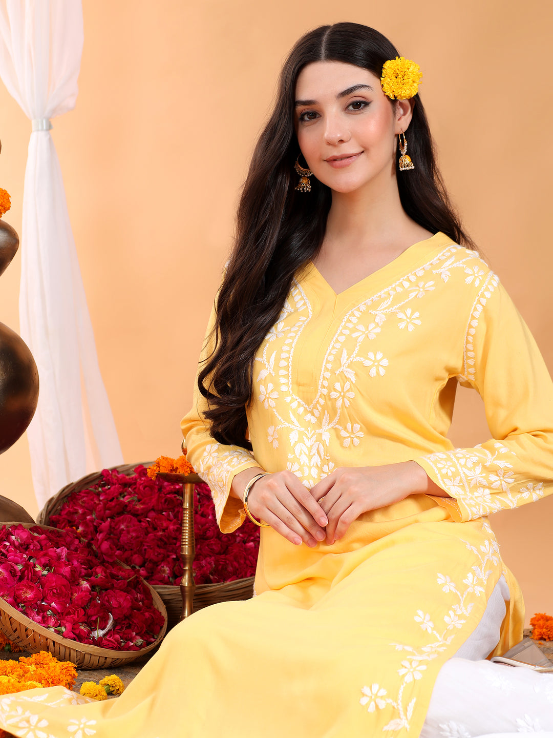 Maya Chikankari Rayon V-neck Straight Kurta