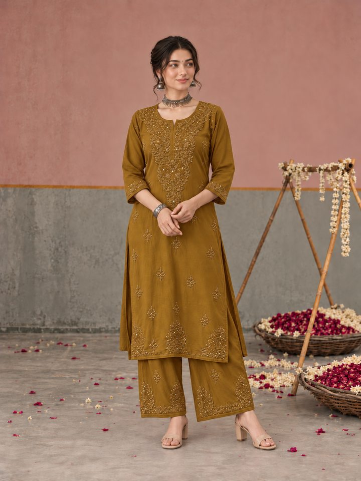 Avika Rayon Chikankari Mukaish Co-ord Set