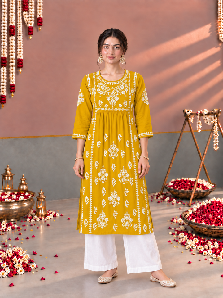 Sonia Chikankari Rayon Nyra-Cut Kurta