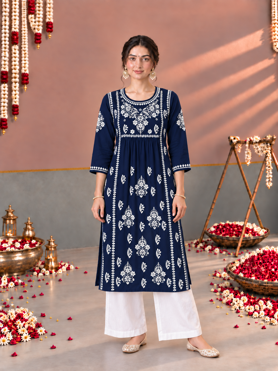 Sonia Chikankari Rayon Nyra-Cut Kurta