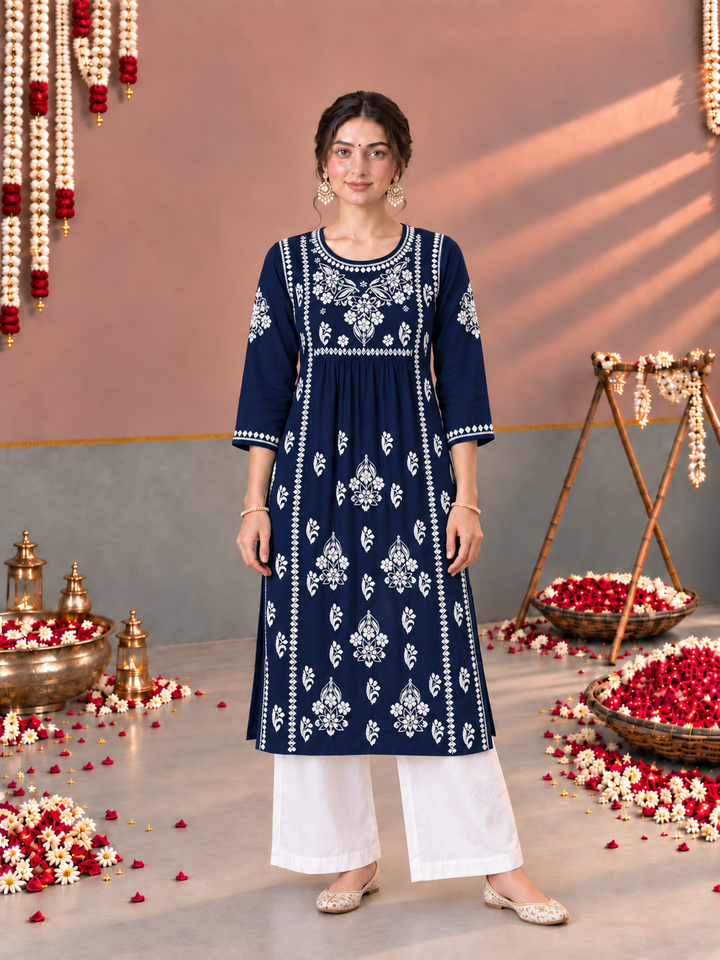 Sonia Chikankari Rayon Nyra-Cut Kurta