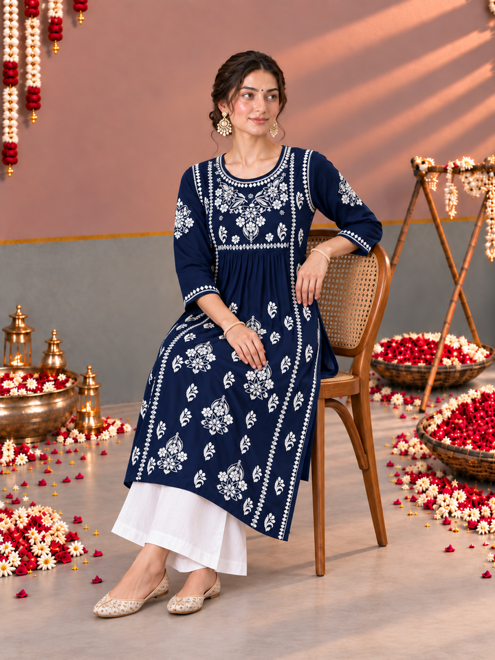 Sonia Chikankari Rayon Nyra-Cut Kurta