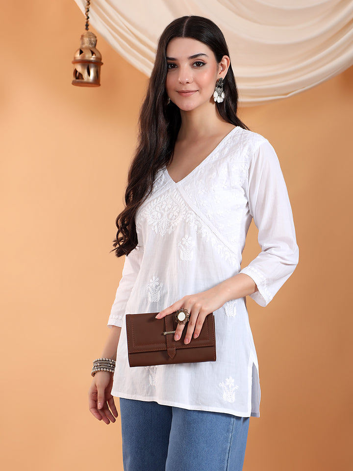 Nitya Chikankari White V-neck Cotton Short Kurti