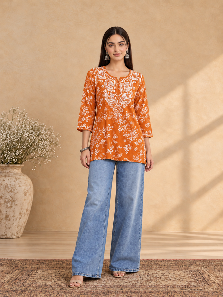 Zeba Chikankari Mulmul Short Kurti