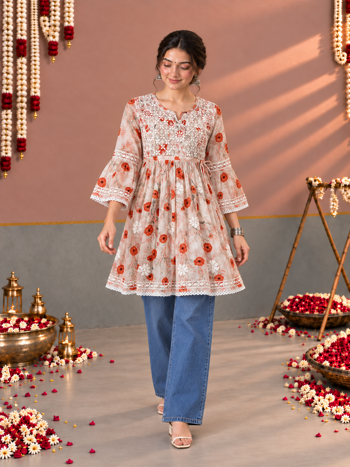 Dhara Mulmul Chikankari Printed Short Gown