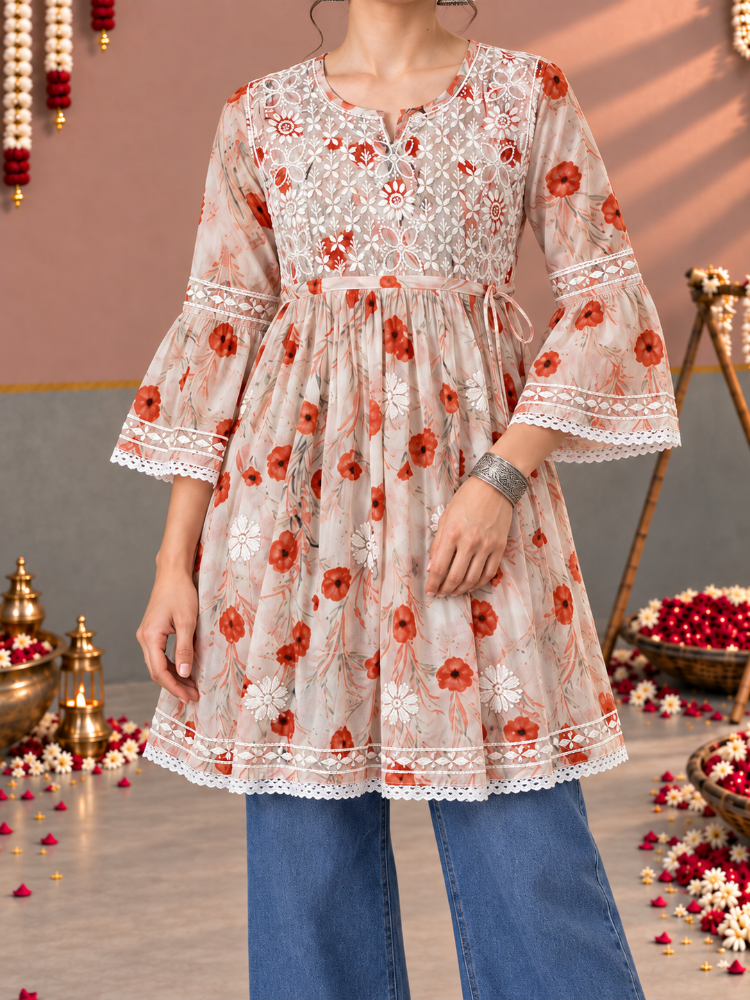 Dhara Mulmul Chikankari Printed Short Gown