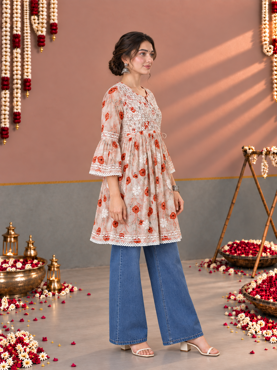 Dhara Mulmul Chikankari Printed Short Gown