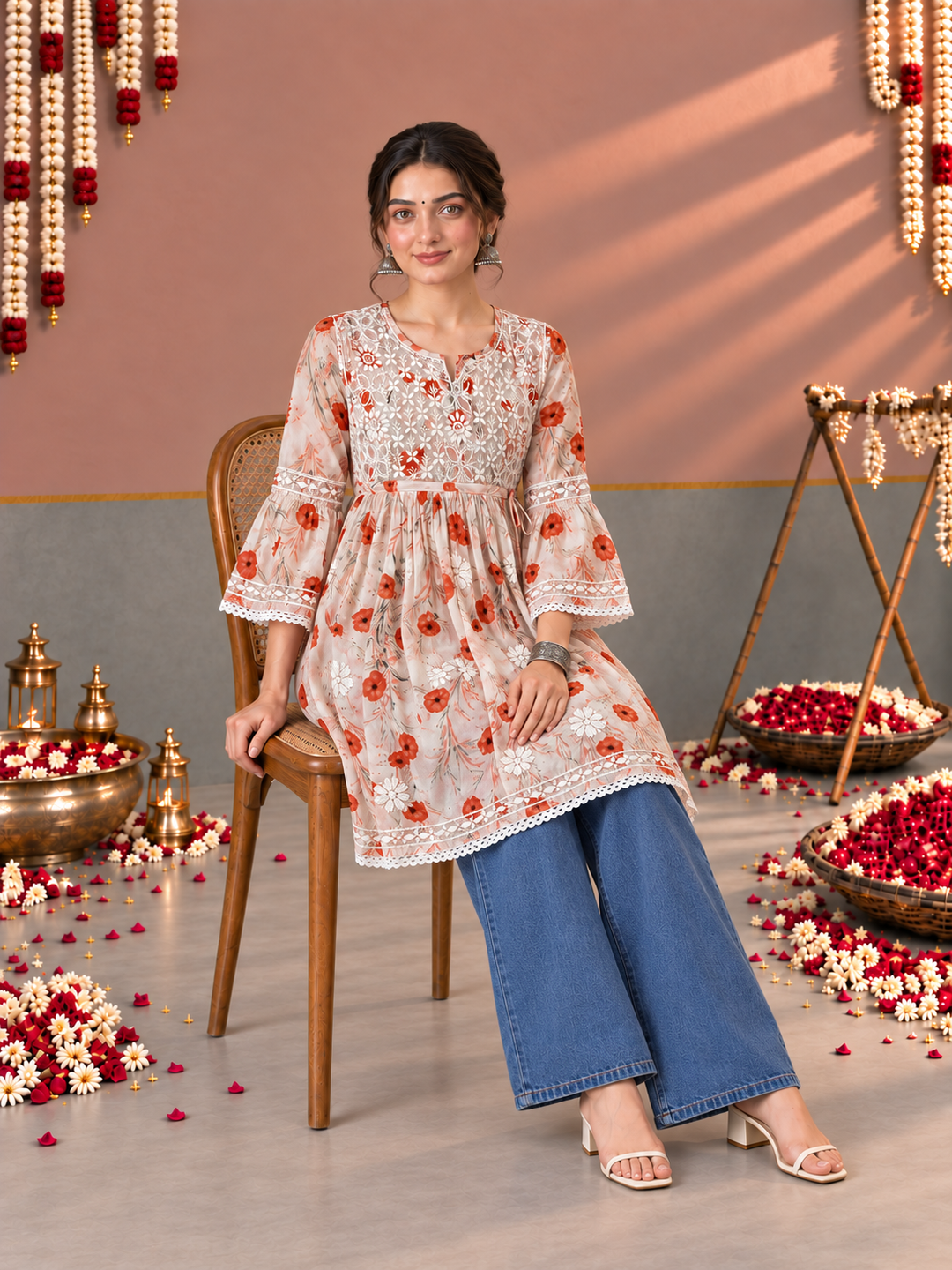 Dhara Mulmul Chikankari Printed Short Gown
