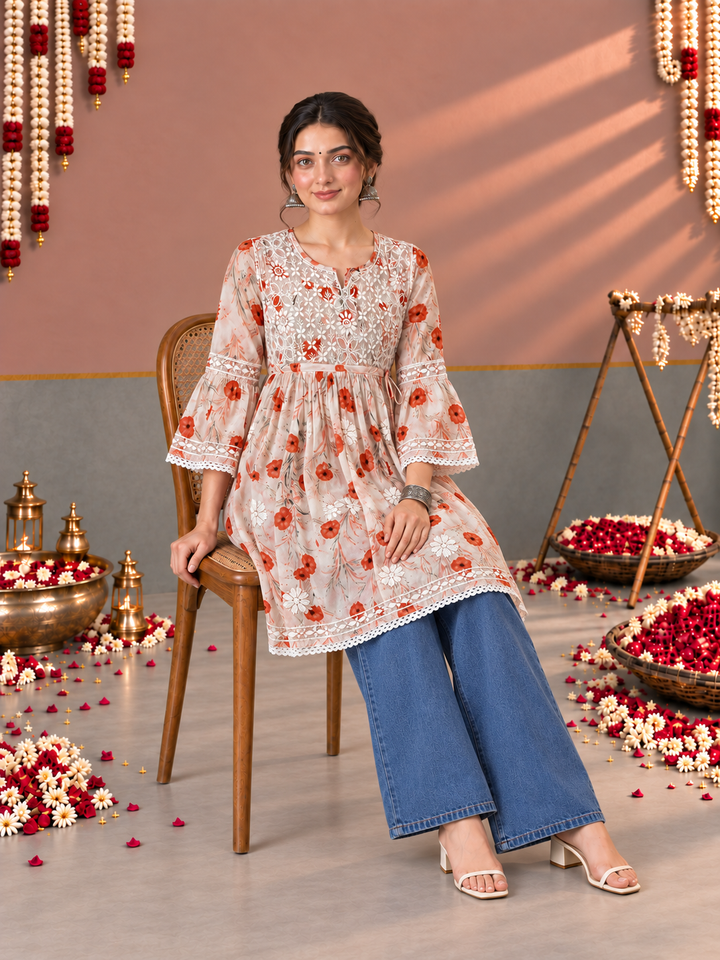 Dhara Mulmul Chikankari Printed Short Gown