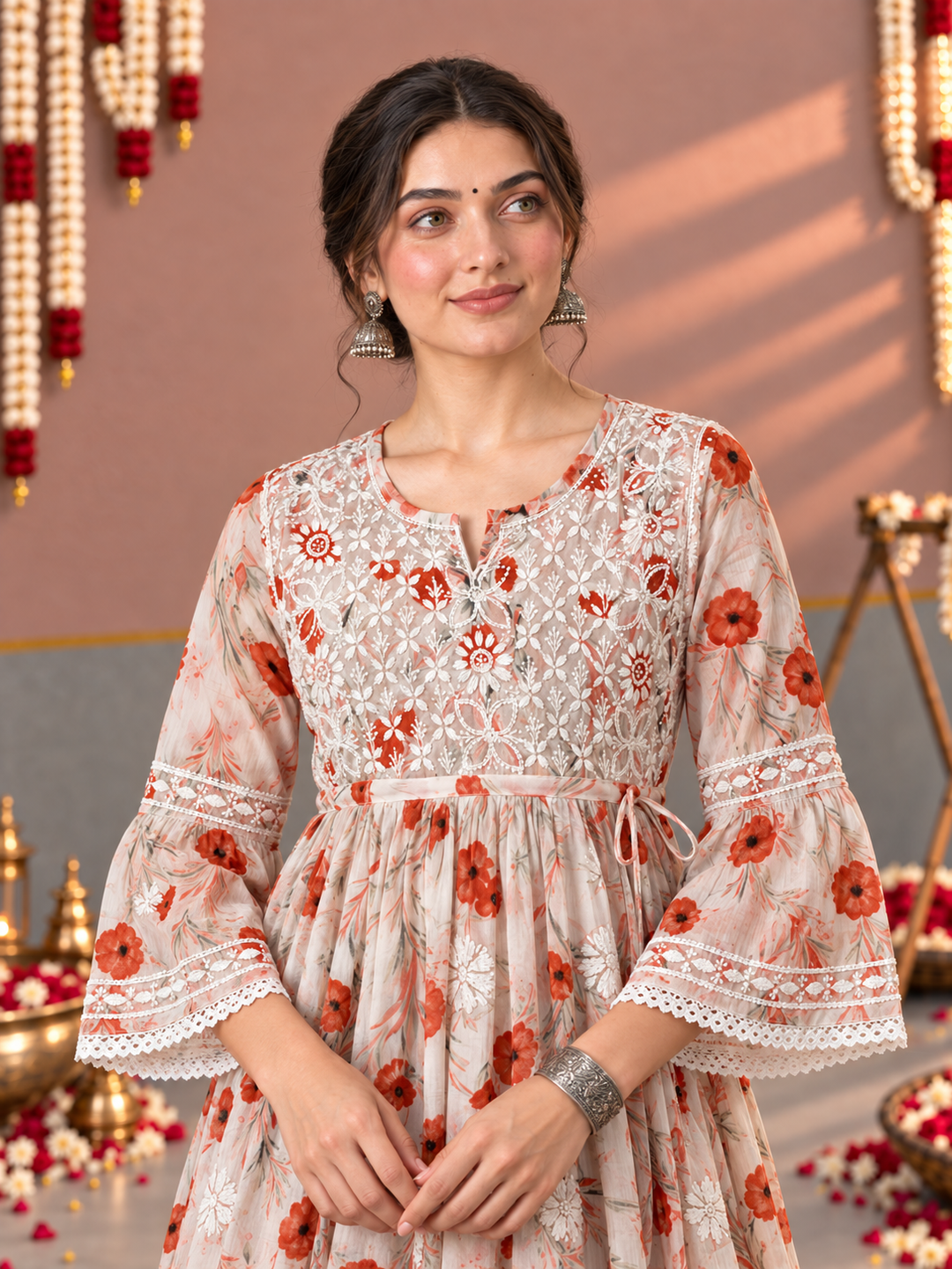 Dhara Mulmul Chikankari Printed Short Gown