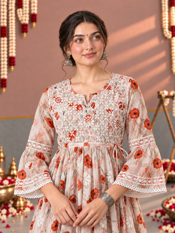 Dhara Mulmul Chikankari Printed Short Gown