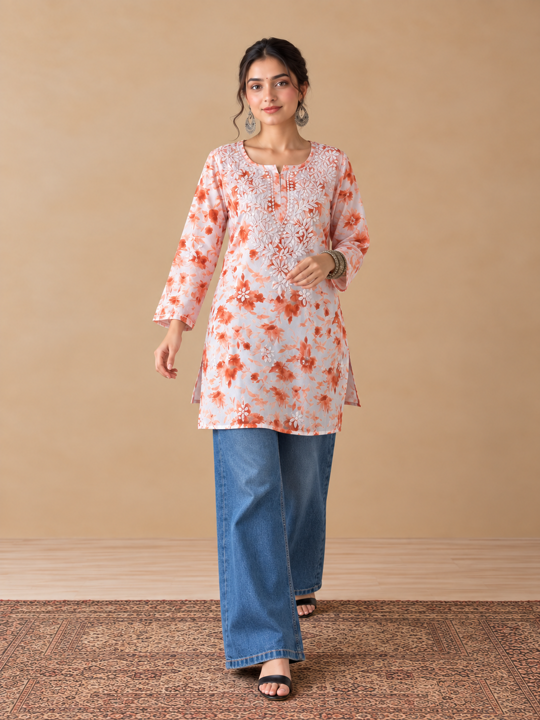 Vini Mulmul Print Chikankari Short Kurti