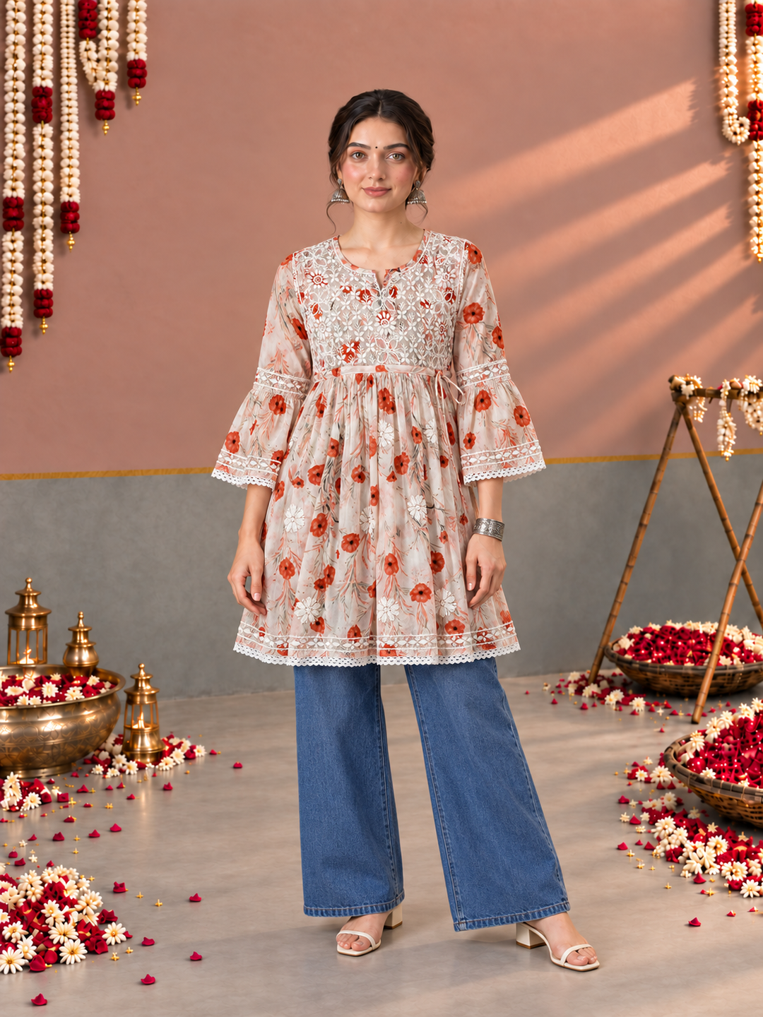 Dhara Mulmul Chikankari Printed Short Gown