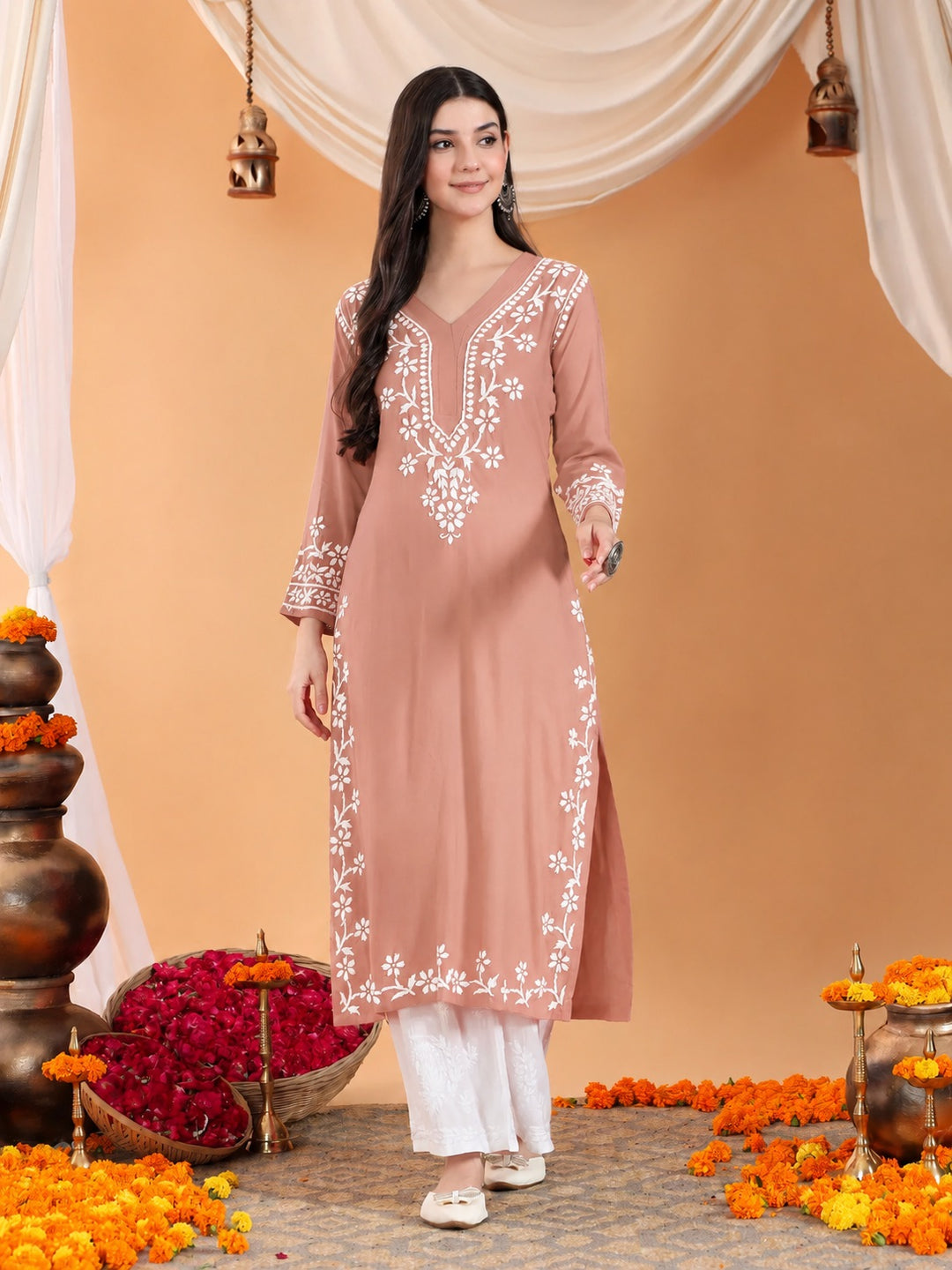 Maya Chikankari Rayon V-neck Straight Kurta