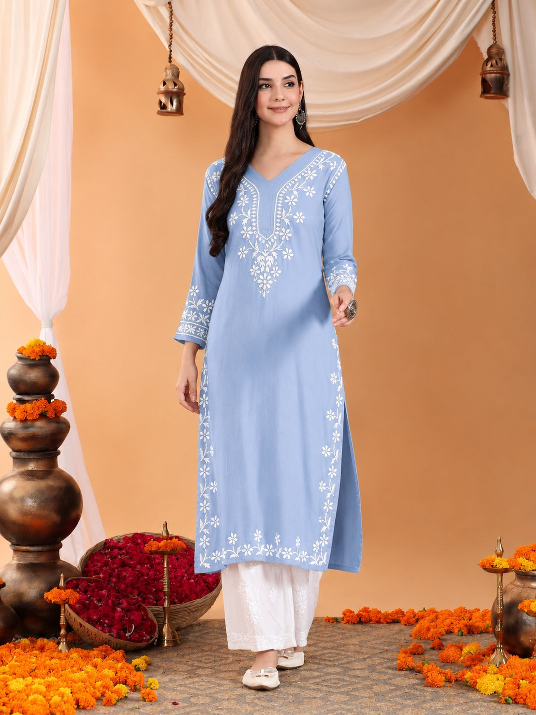 Maya Chikankari Rayon V-neck Straight Kurta