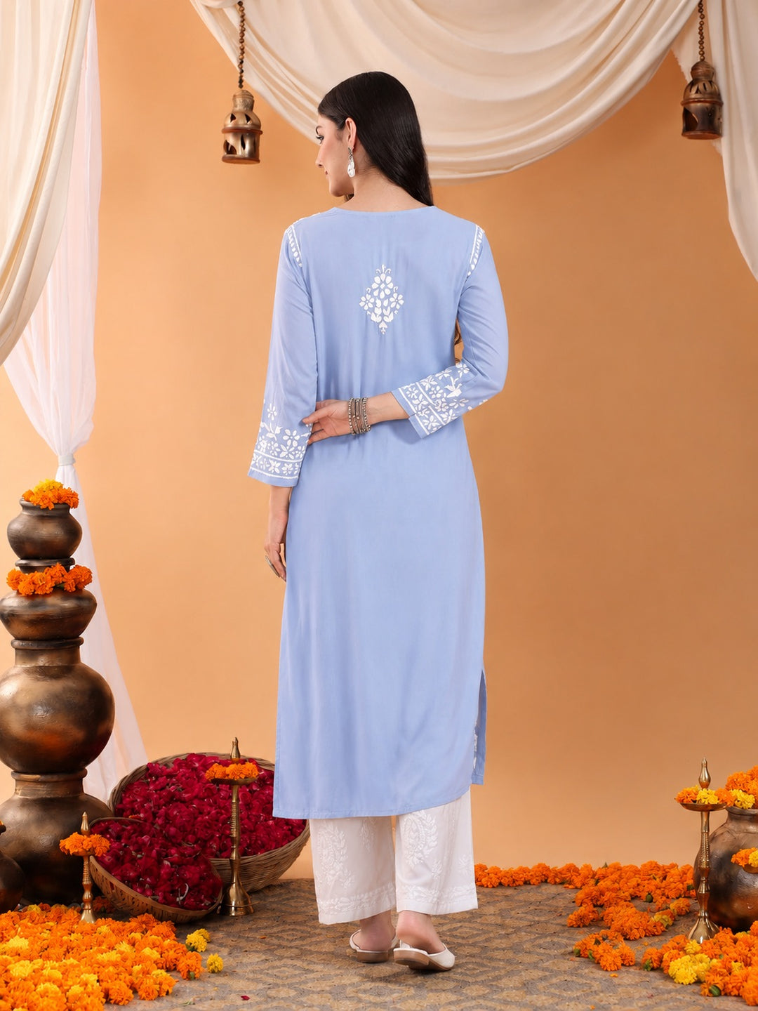 Maya Chikankari Rayon V-neck Straight Kurta