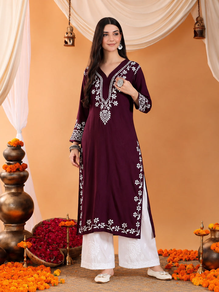 Maya Chikankari Rayon V-neck Straight Kurta