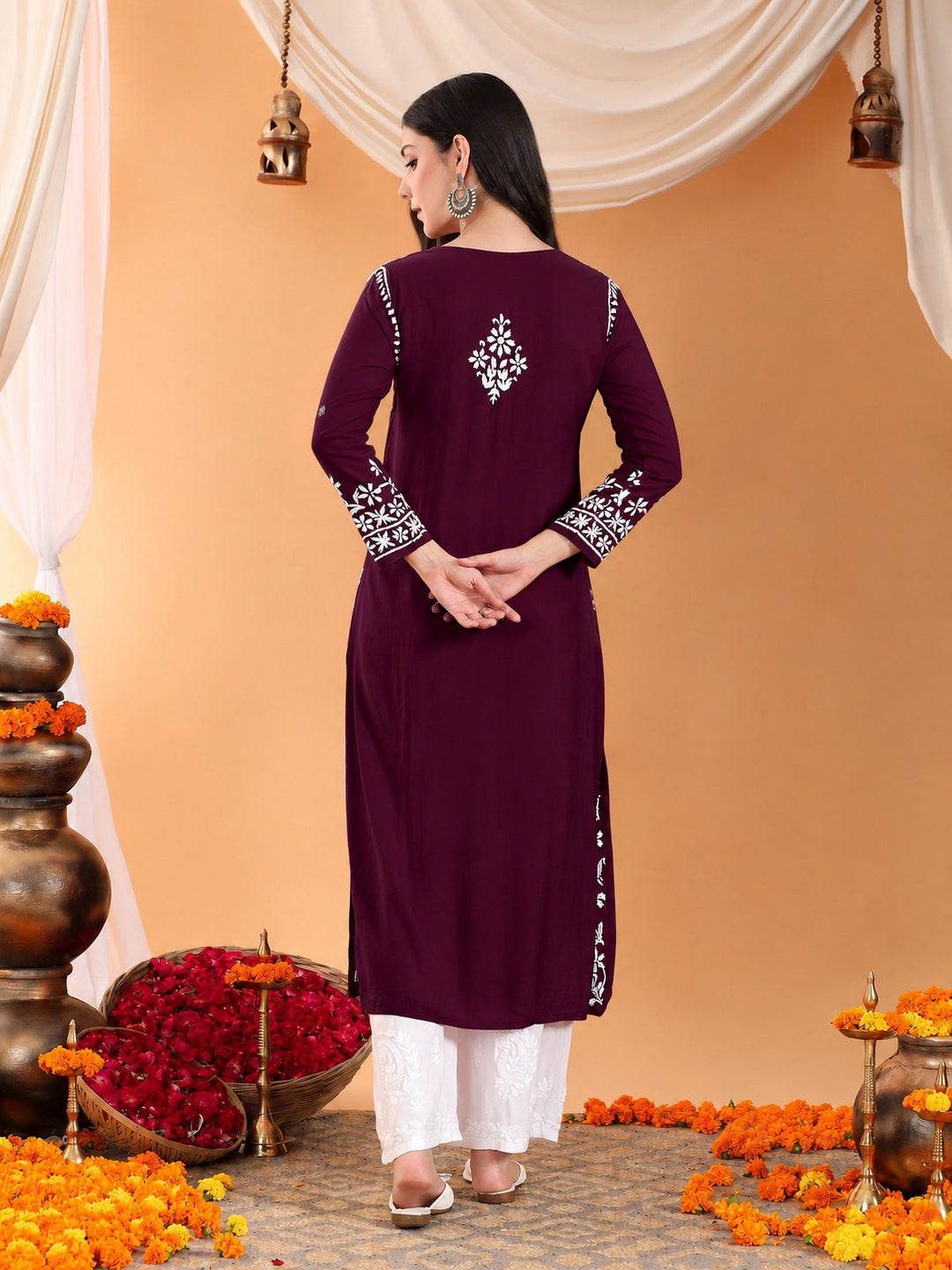 Maya Chikankari Rayon V-neck Straight Kurta