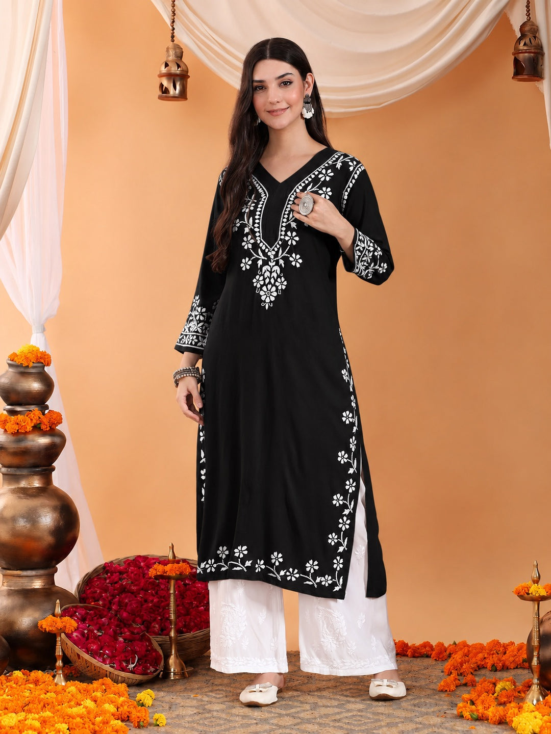 Maya Chikankari Rayon V-neck Straight Kurta