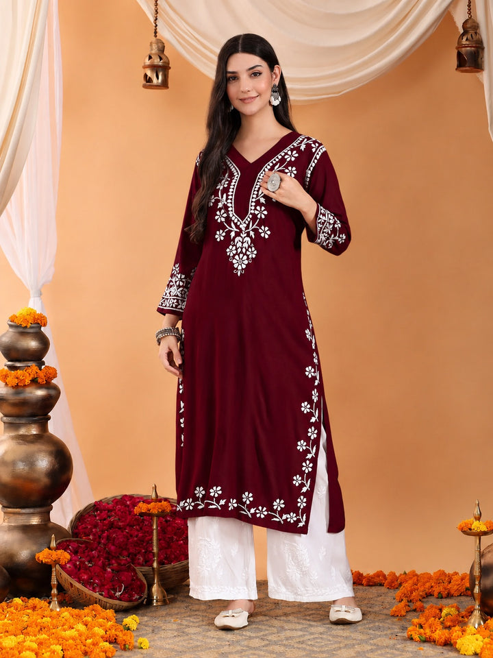 Maya Chikankari Rayon V-neck Straight Kurta