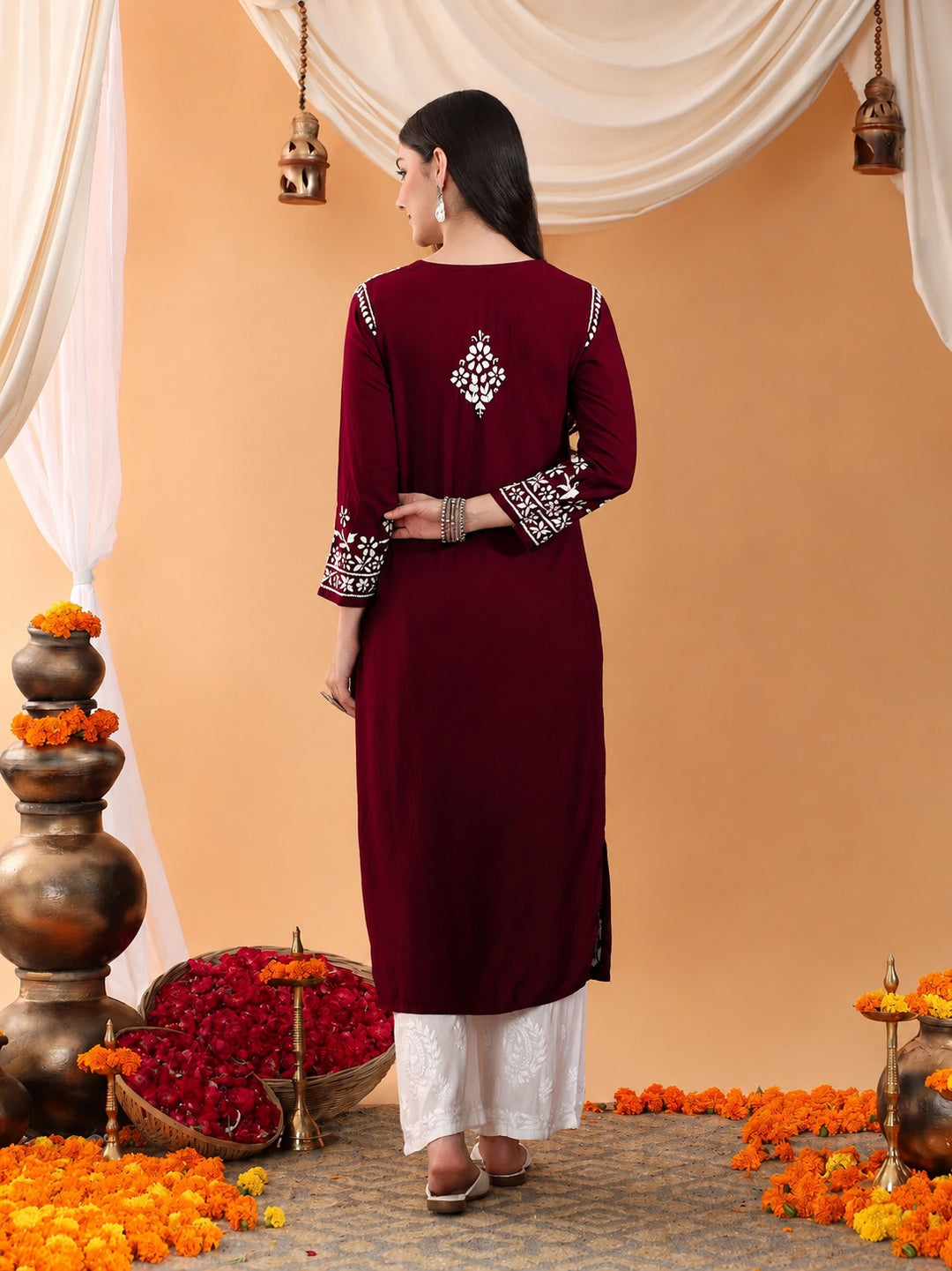 Maya Chikankari Rayon V-neck Straight Kurta