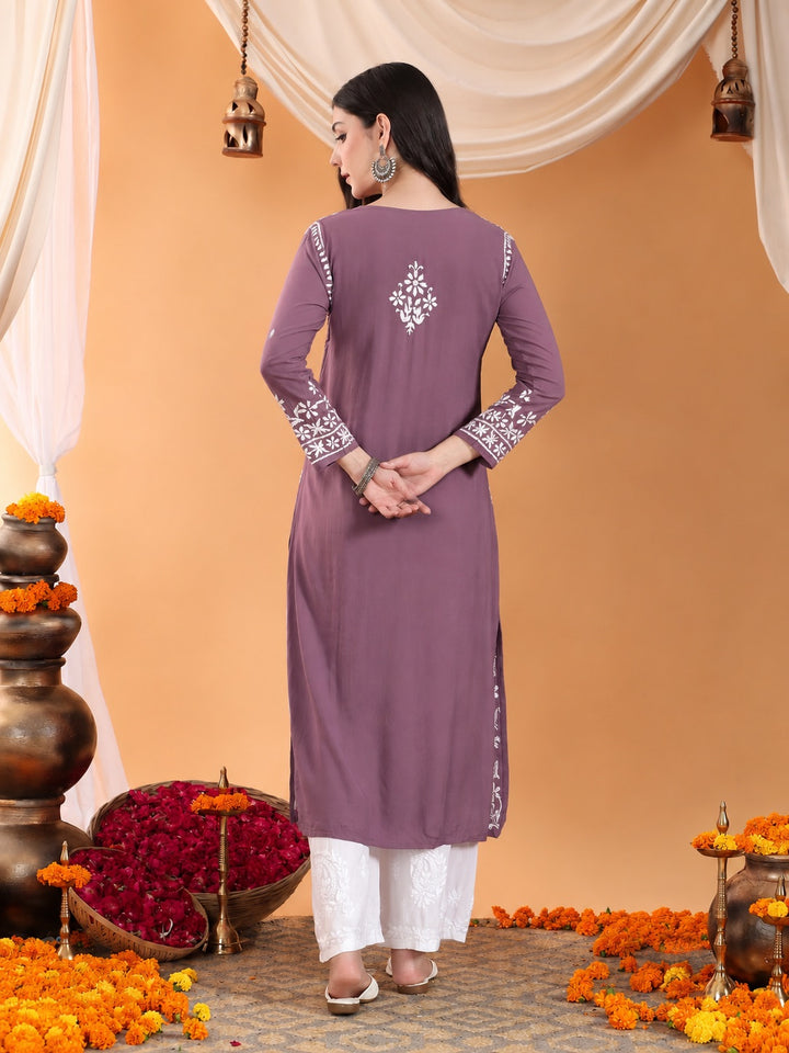 Maya Chikankari Rayon V-neck Straight Kurta