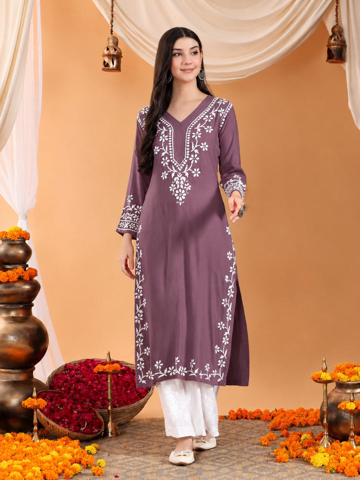 Maya Chikankari Rayon V-neck Straight Kurta