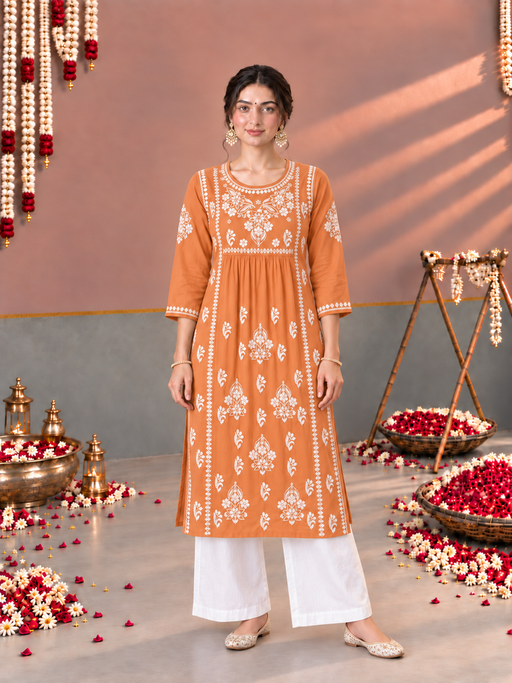 Sonia Chikankari Rayon Nyra-Cut Kurta