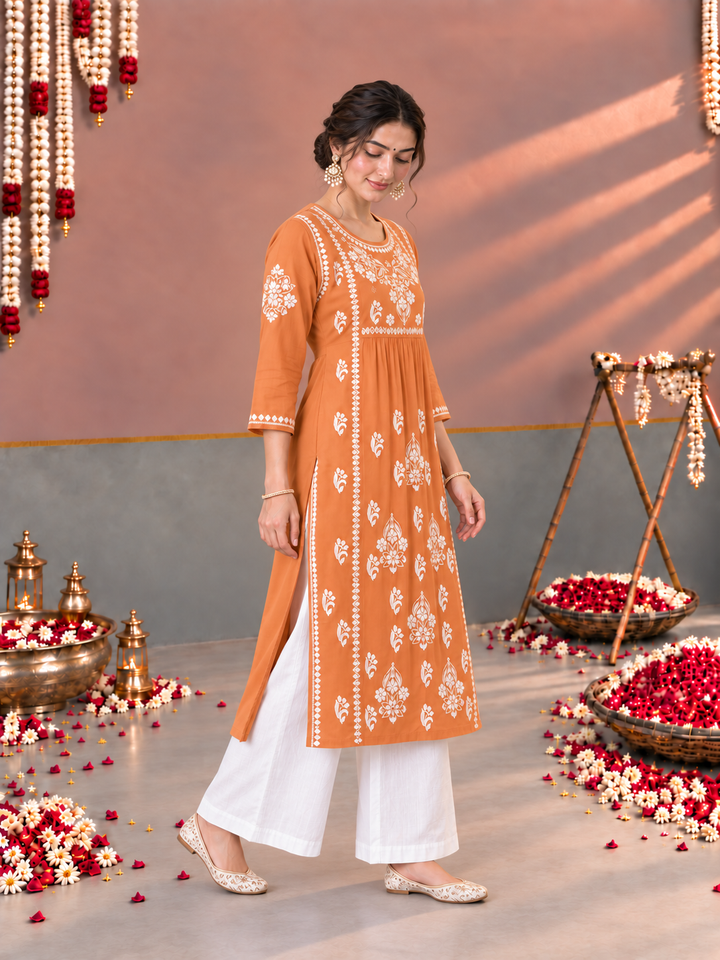 Sonia Chikankari Rayon Nyra-Cut Kurta