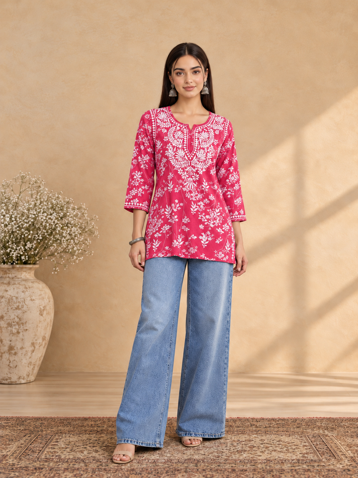 Zeba Chikankari Mulmul Short Kurti