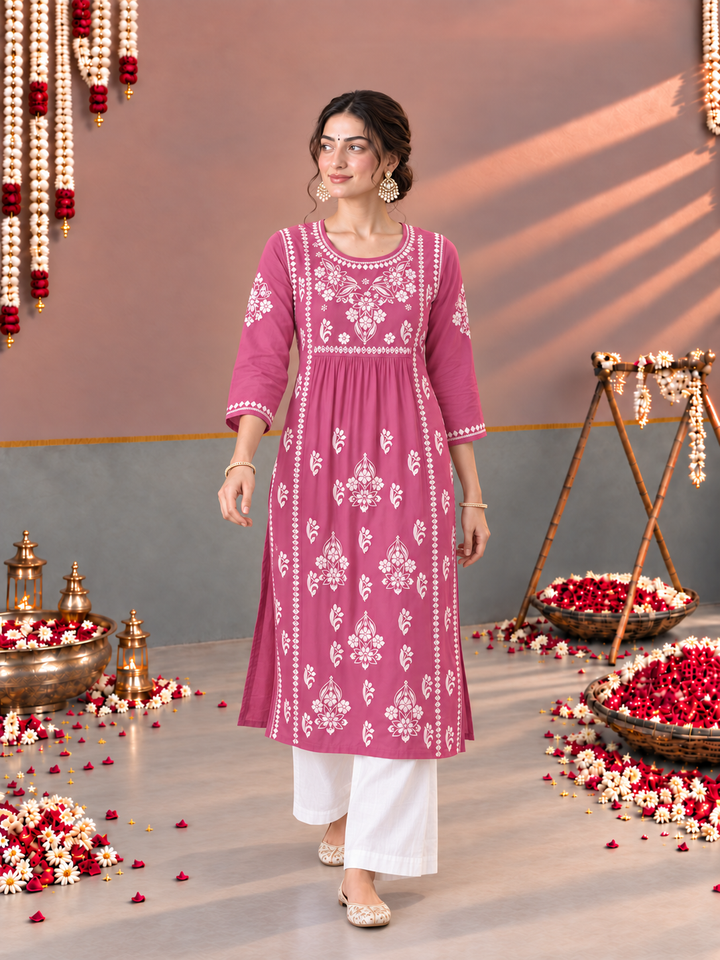 Sonia Chikankari Rayon Nyra-Cut Kurta