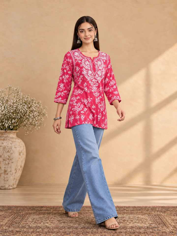 Zeba Chikankari Mulmul Short Kurti