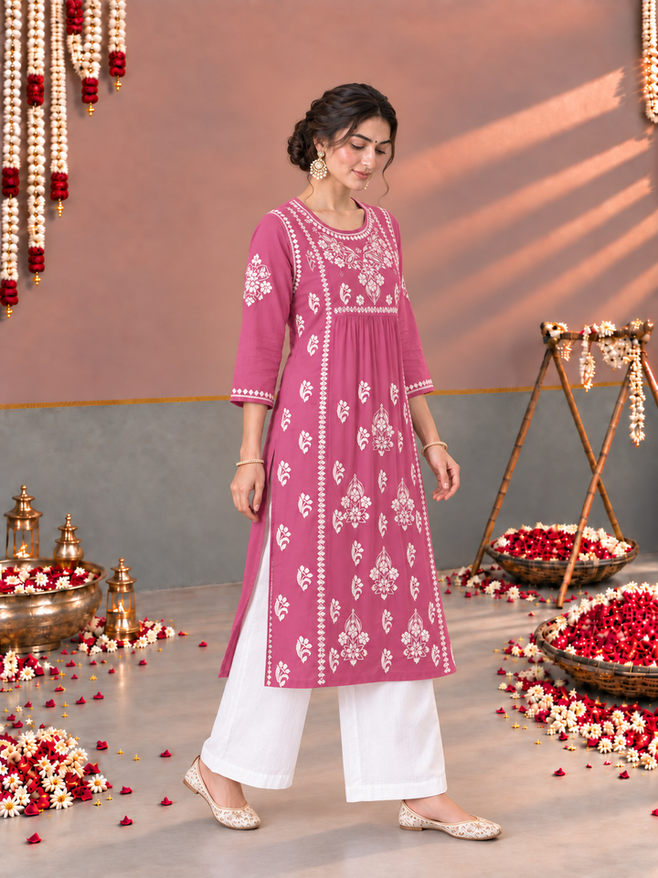 Sonia Chikankari Rayon Nyra-Cut Kurta