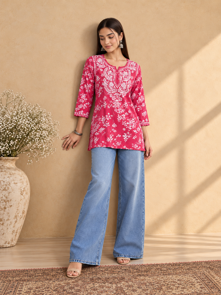 Zeba Chikankari Mulmul Short Kurti