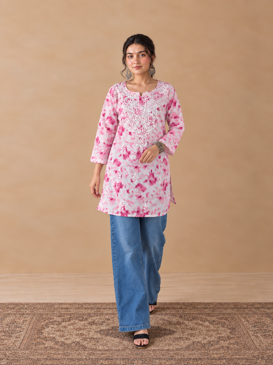 Vini Mulmul Print Chikankari Short Kurti