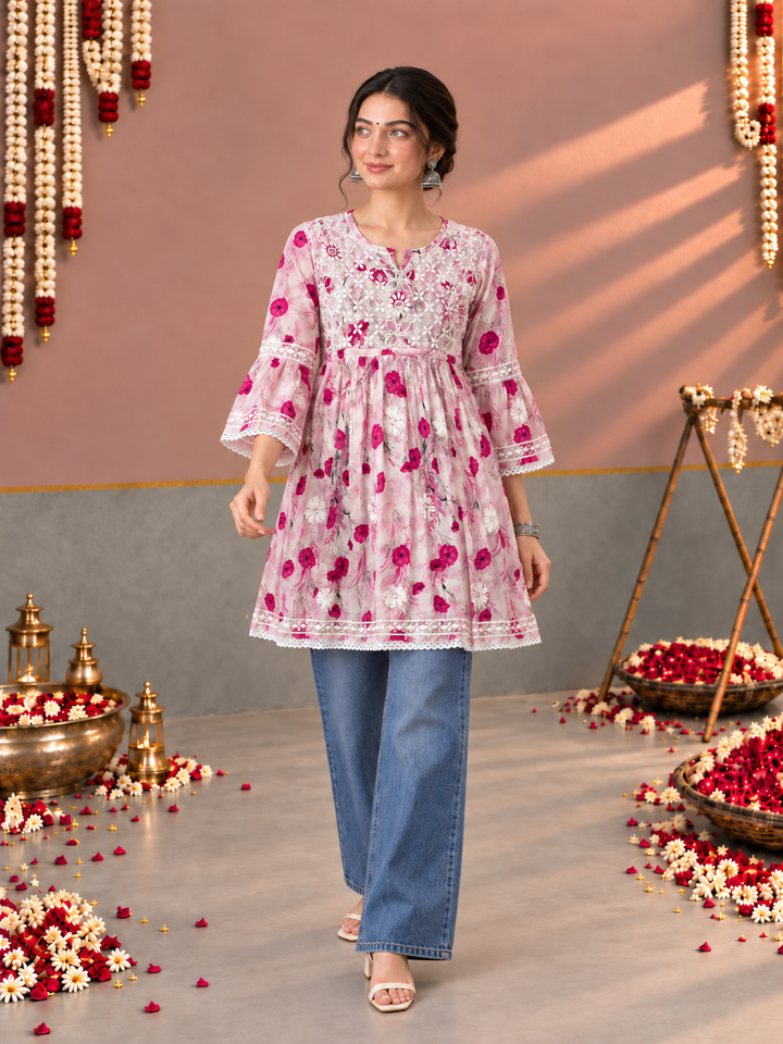 Dhara Mulmul Chikankari Printed Short Gown