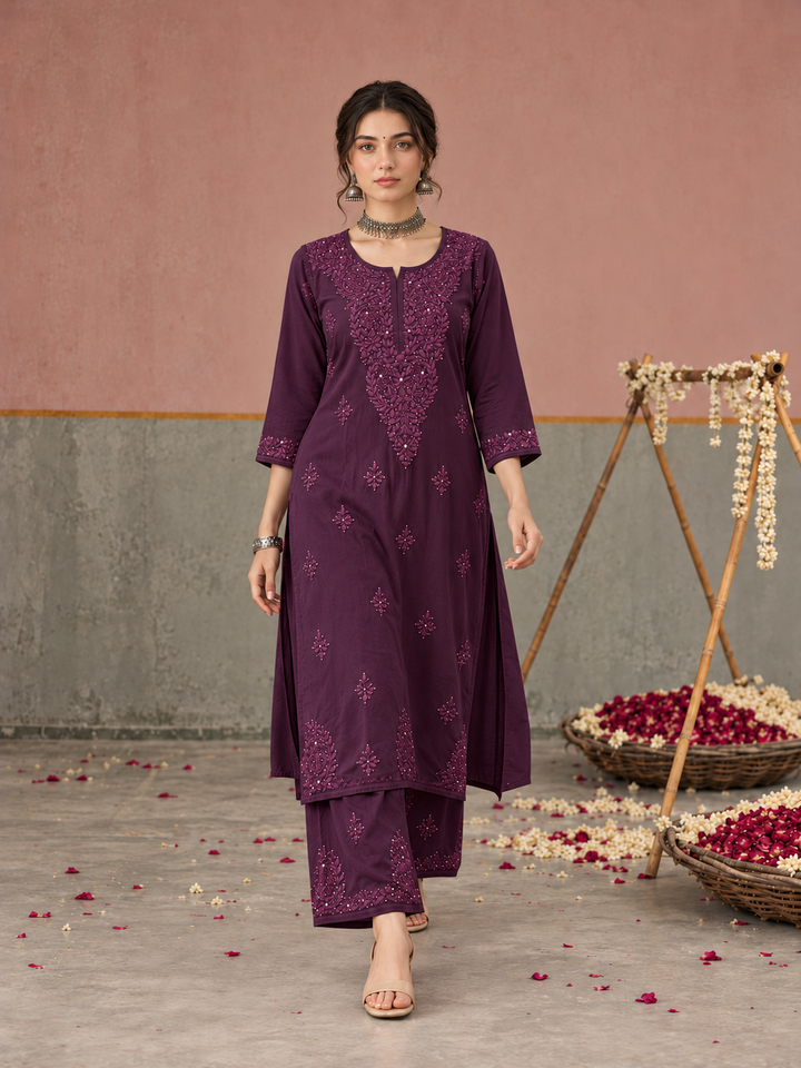 Avika Rayon Chikankari Mukaish Co-ord Set