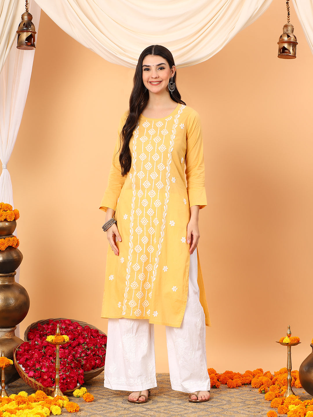 Pooja Cotton Chikankari Straight Kurta