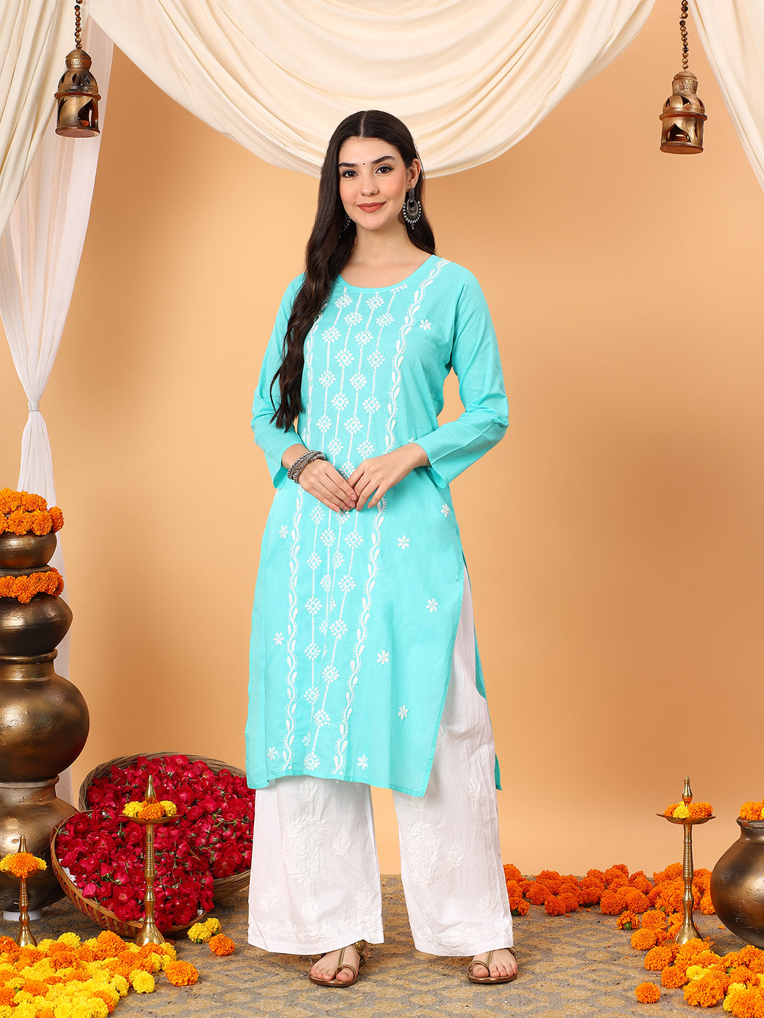 Pooja Cotton Chikankari Straight Kurta