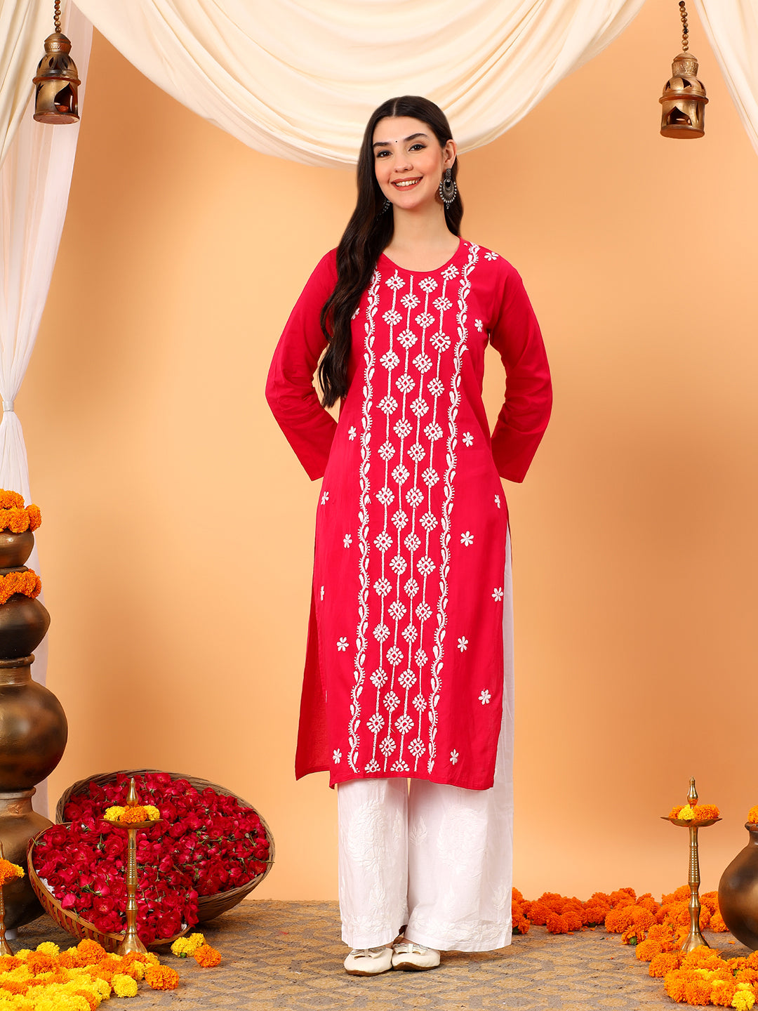 Pooja Cotton Chikankari Straight Kurta