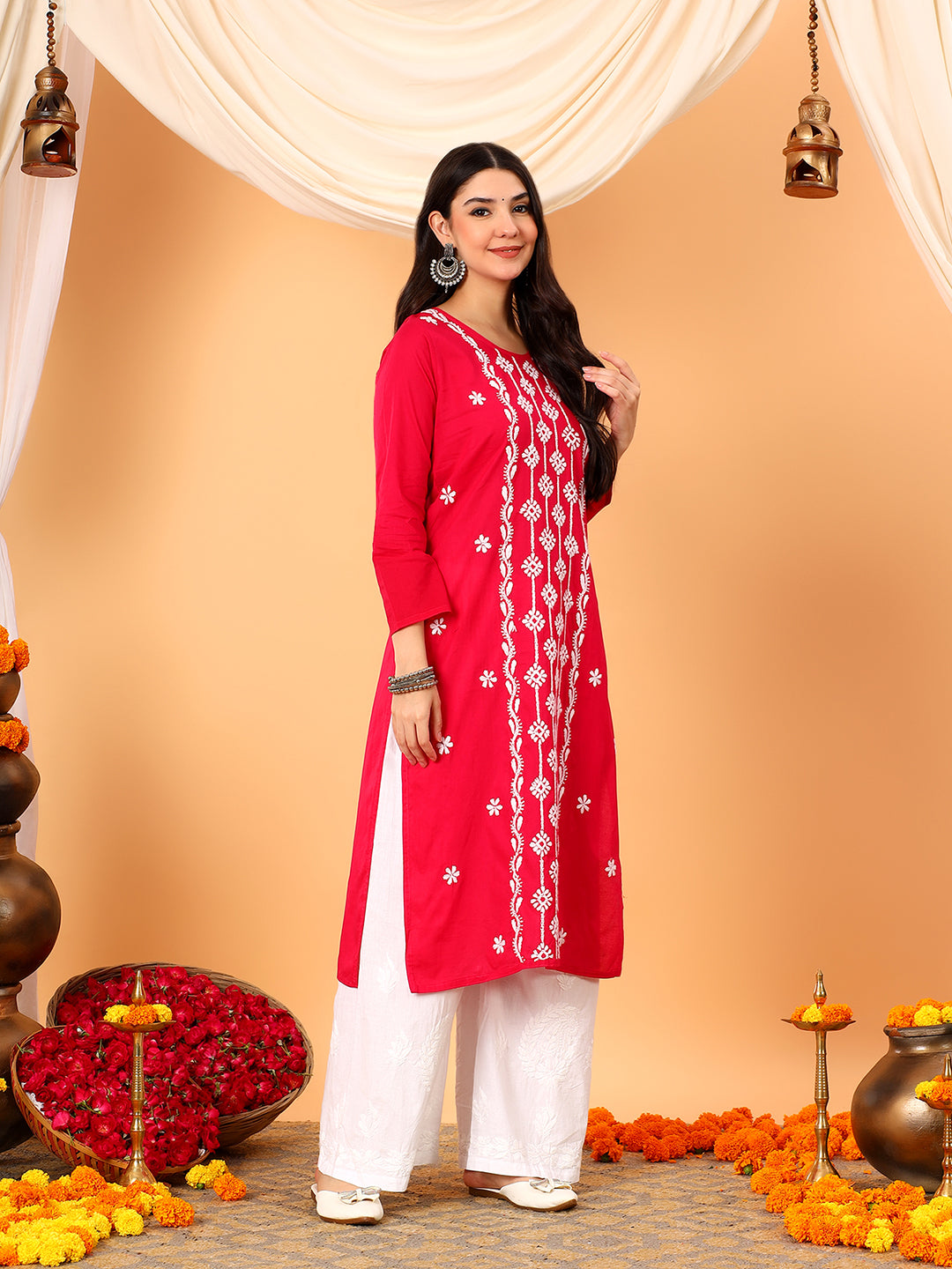 Pooja Cotton Chikankari Straight Kurta