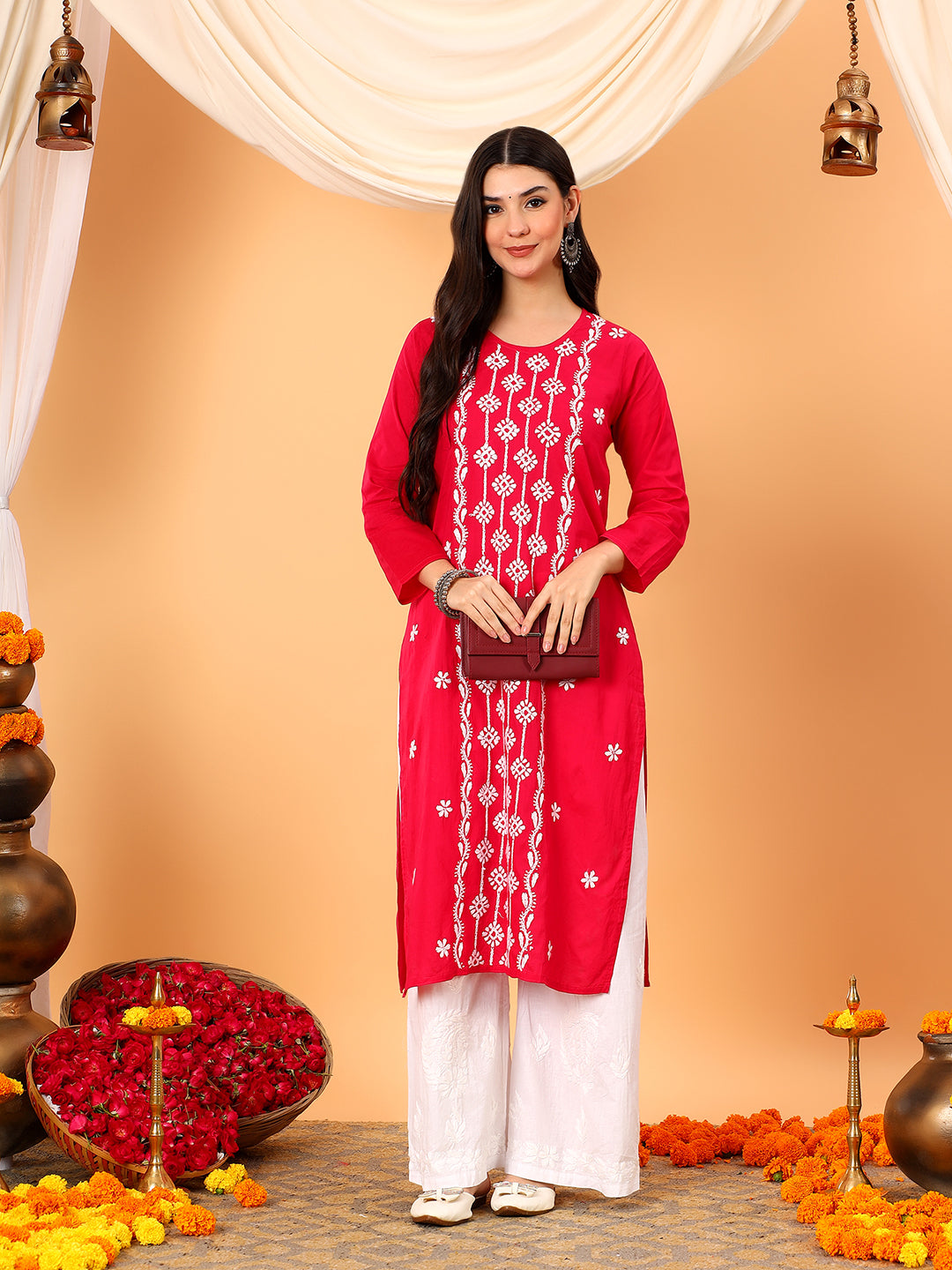 Pooja Cotton Chikankari Straight Kurta